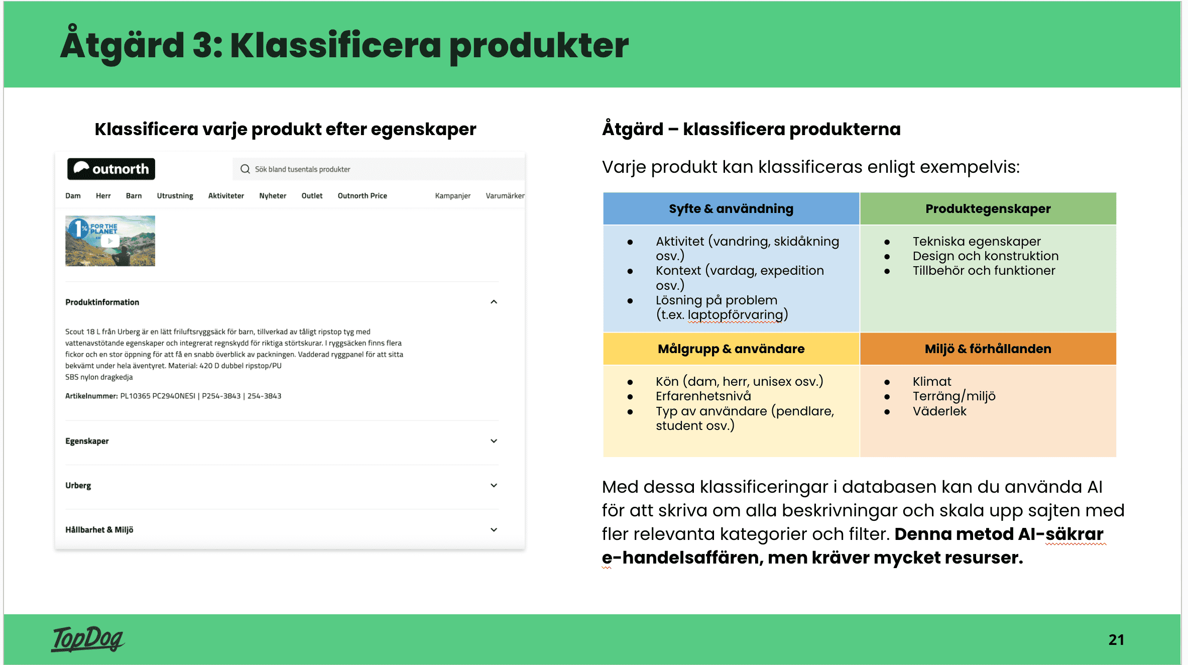 Bilden beskriver hur du kan tänka när du skall klassificera om produkter, i din ehandel, så de blir AI sök anpassade