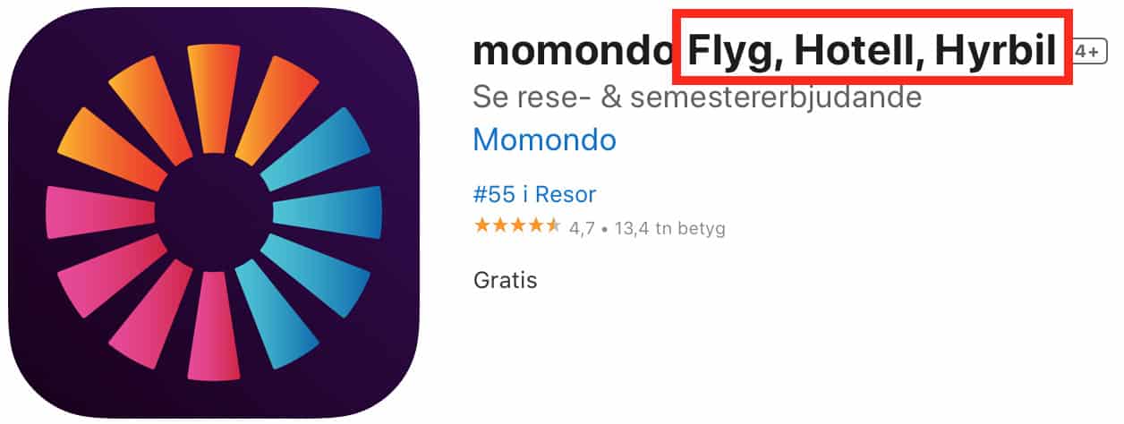 App store optimering (ASP) exempel på optimering av titel - momondo