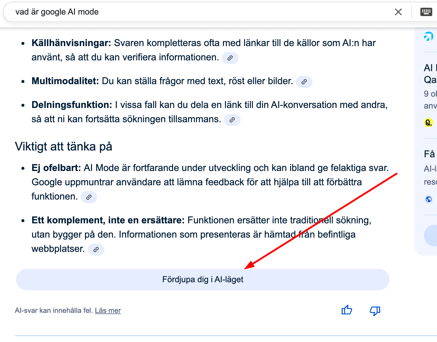Bild på hur Google AI mode ser ut i Google Overview