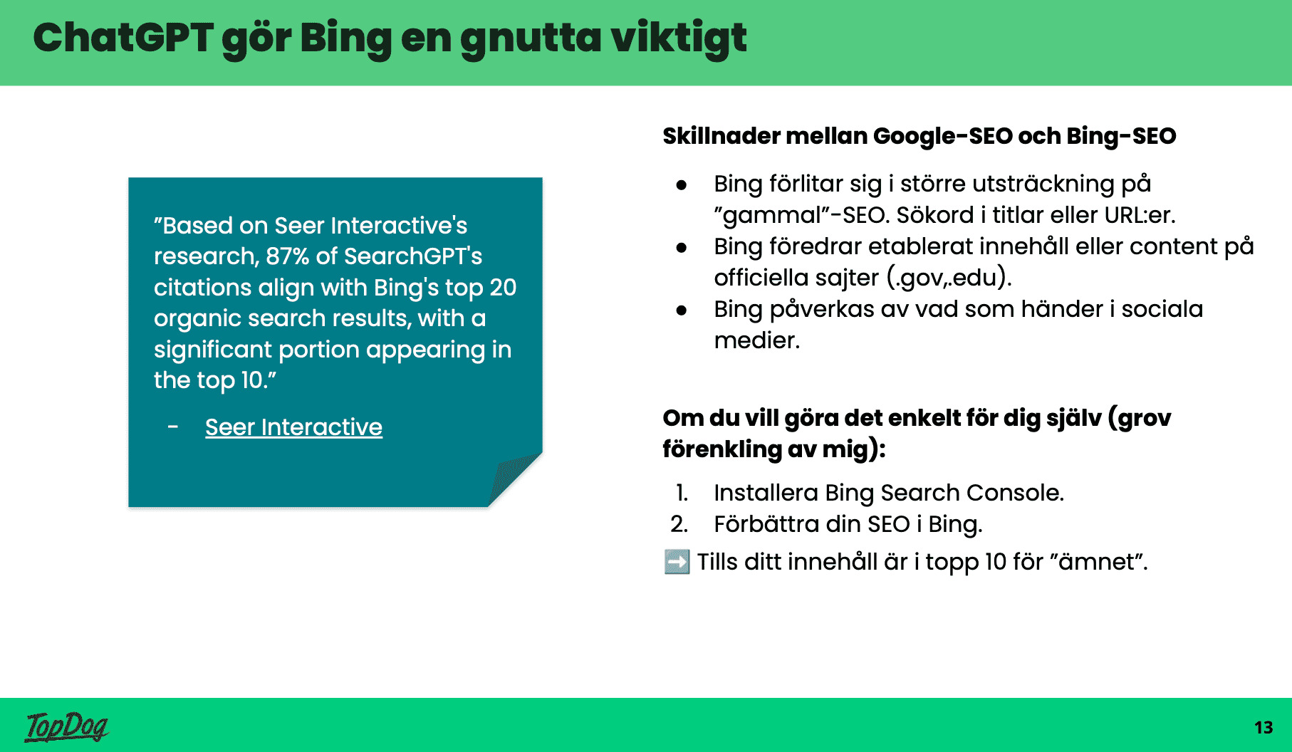 Illustrering varför Bing-seo blir viktigare med AI-sök. 87% av SearchGPT's citat sammanfaller med Bing.