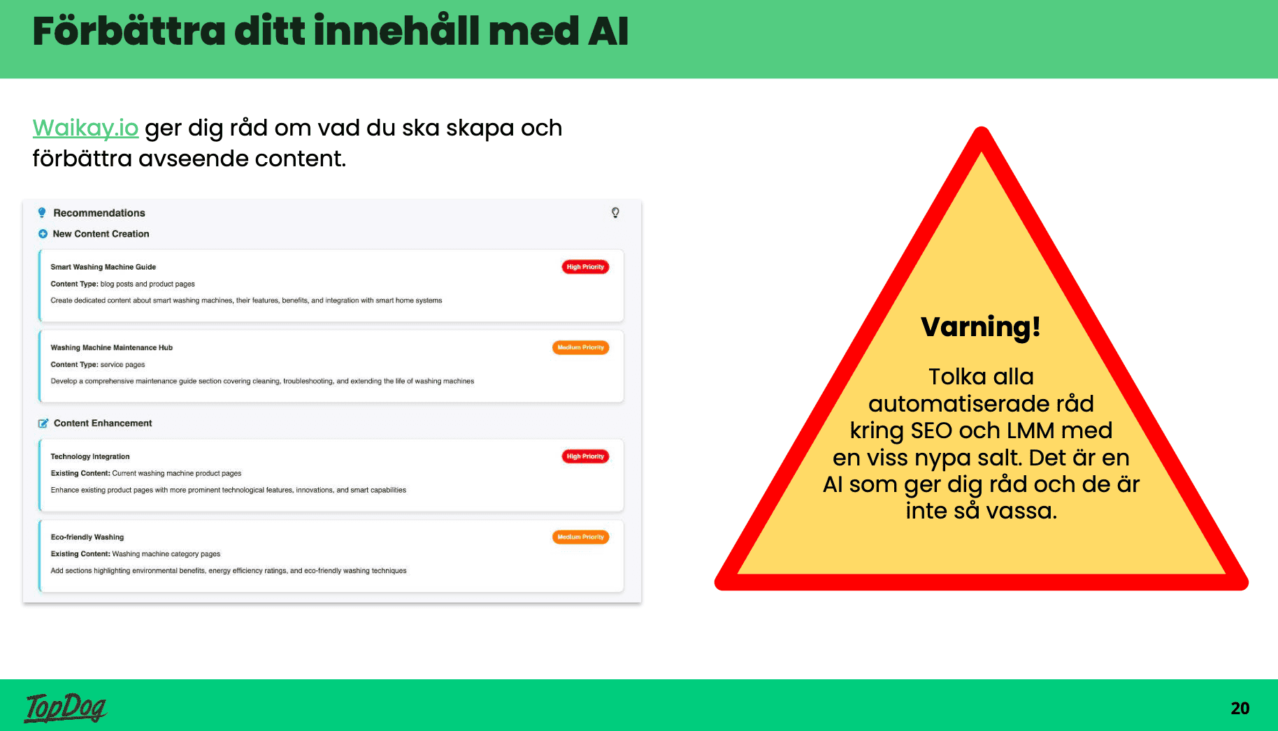 Exempel från Waikay.io som hjälper dig när du jobbar med GEO, AIO och annan SEO för AI-sök