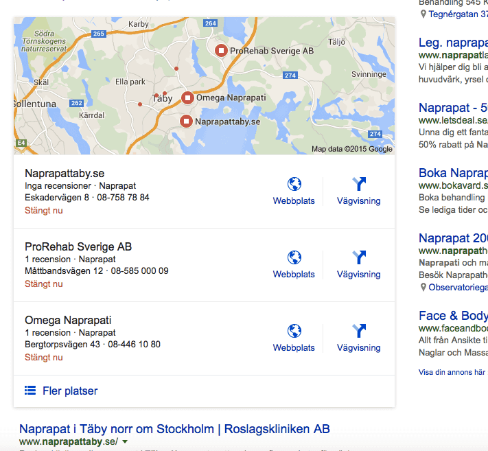 Såhär ser en lokal sökning ut efter augusti 2015 i Google