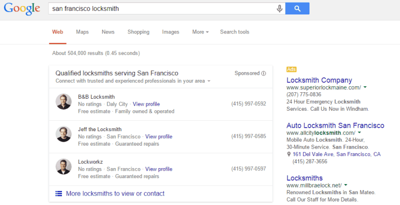 Exempel på hur Google gör lokala listningar till lokala annonser, i form av ett test