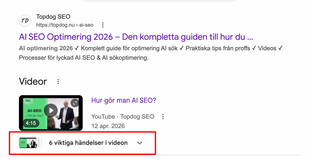 Exempel på hur Google använder tidstämplar i deras sökresultat, så användaren kan navigera till den delen av videon de önskar se.