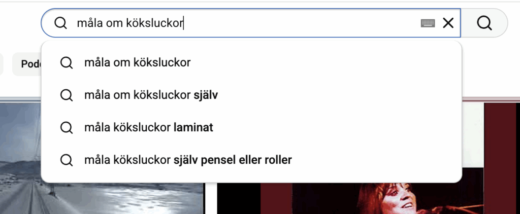 Skärmdump från Yotube som visar autocomplete, dvs hur användarna söker information kring ett specifickt ämne på Youtube