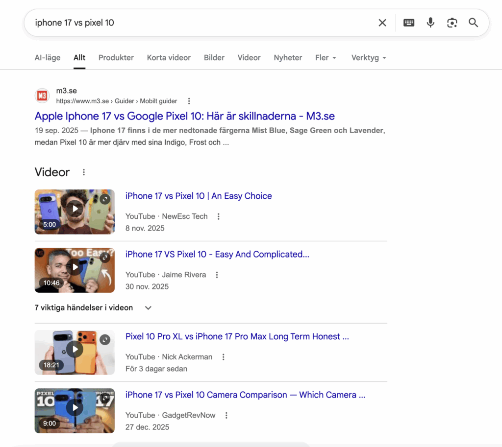 Skärmdump från ett sökresultat i Google där Youtube dominerar sökresultatet