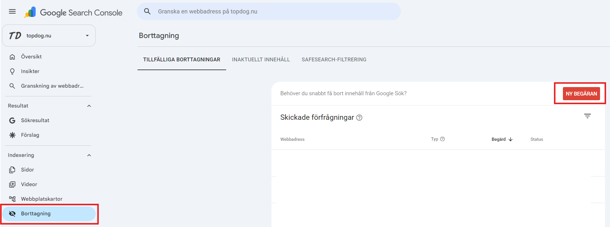 Skärmbild av Google Search Console som visar sidan