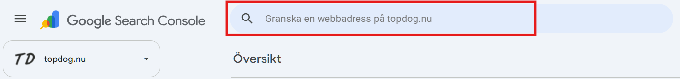 Skärmbild av Google Search Console med sökfältet
