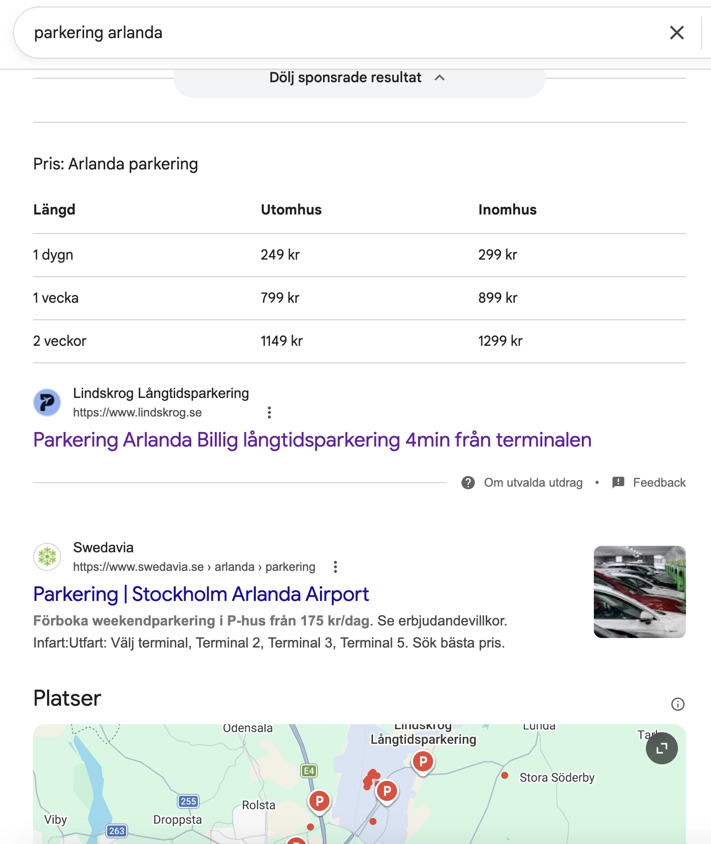 Lindskrog i utvalt utdrag på ”parkering arlanda”, placerad ovanför marknadens starkaste aktör.